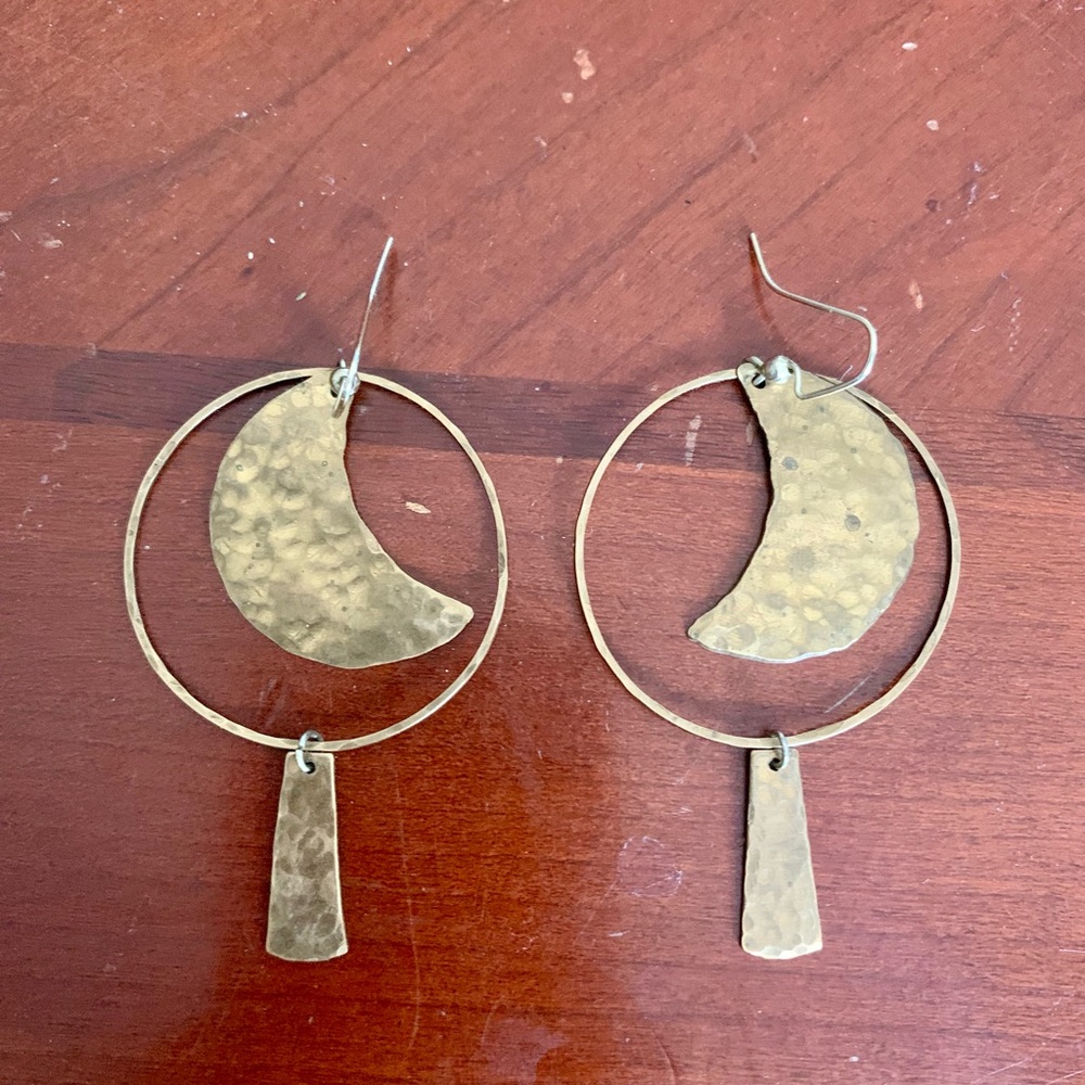 Hammered brass moon boho hoop earrings